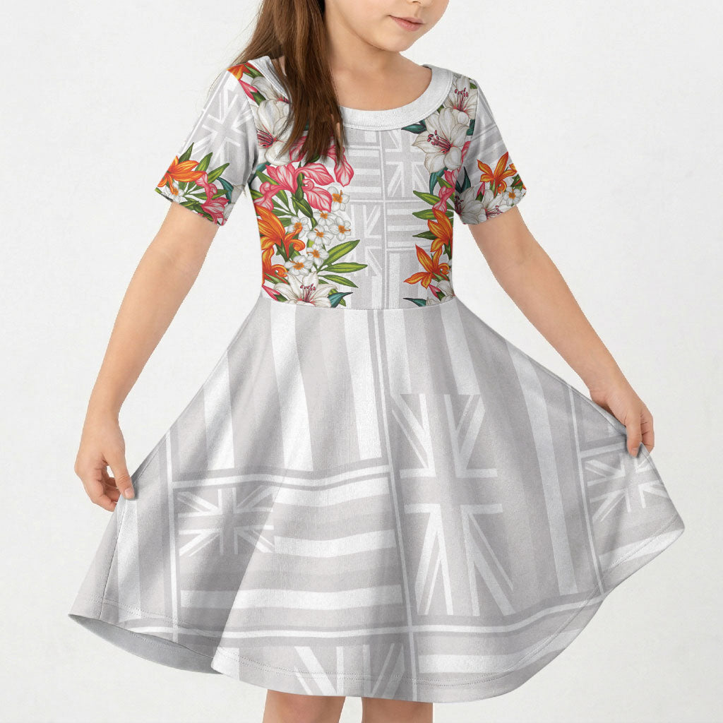 Hawaii Tropical Twist Lei Kid Short Sleeve Dress Hawaiian Flag Motif LT9 KID White - Polynesian Pride