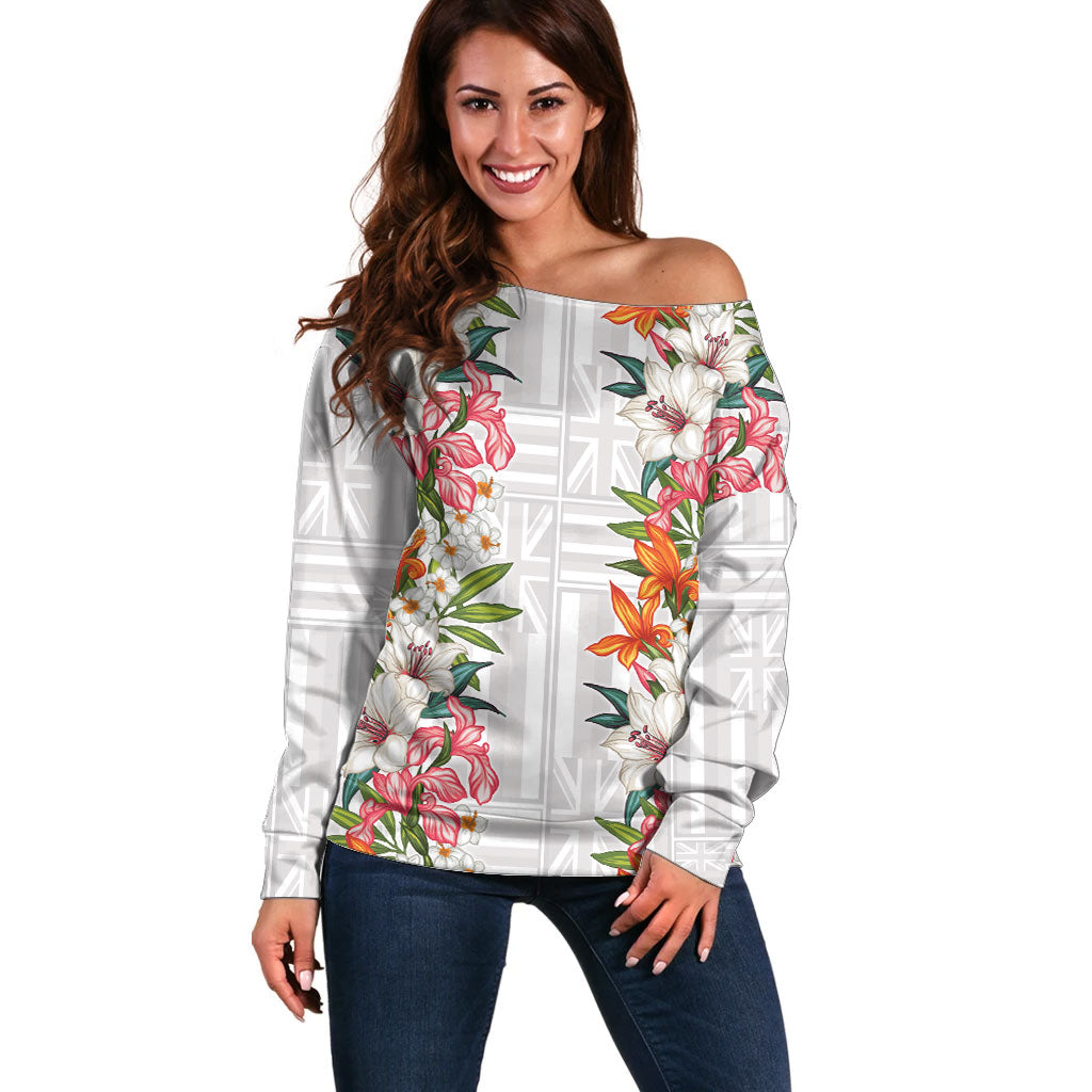 Hawaii Tropical Twist Lei Off Shoulder Sweater Hawaiian Flag Motif LT9 Women White - Polynesian Pride