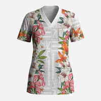 Hawaii Tropical Twist Lei Scrub Top Hawaiian Flag Motif LT9 Adult White - Polynesian Pride