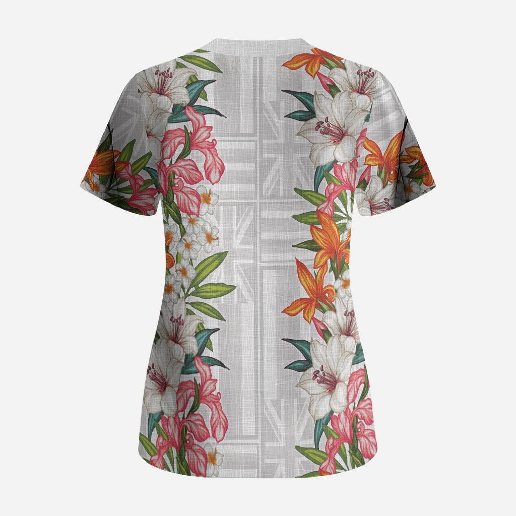 Hawaii Tropical Twist Lei Scrub Top Hawaiian Flag Motif LT9 - Polynesian Pride