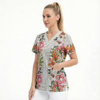 Hawaii Tropical Twist Lei Scrub Top Hawaiian Flag Motif LT9 - Polynesian Pride
