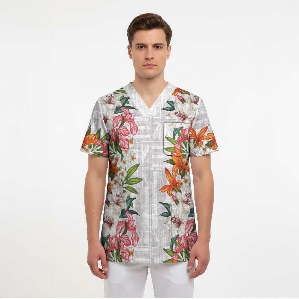 Hawaii Tropical Twist Lei Scrub Top Hawaiian Flag Motif LT9 - Polynesian Pride