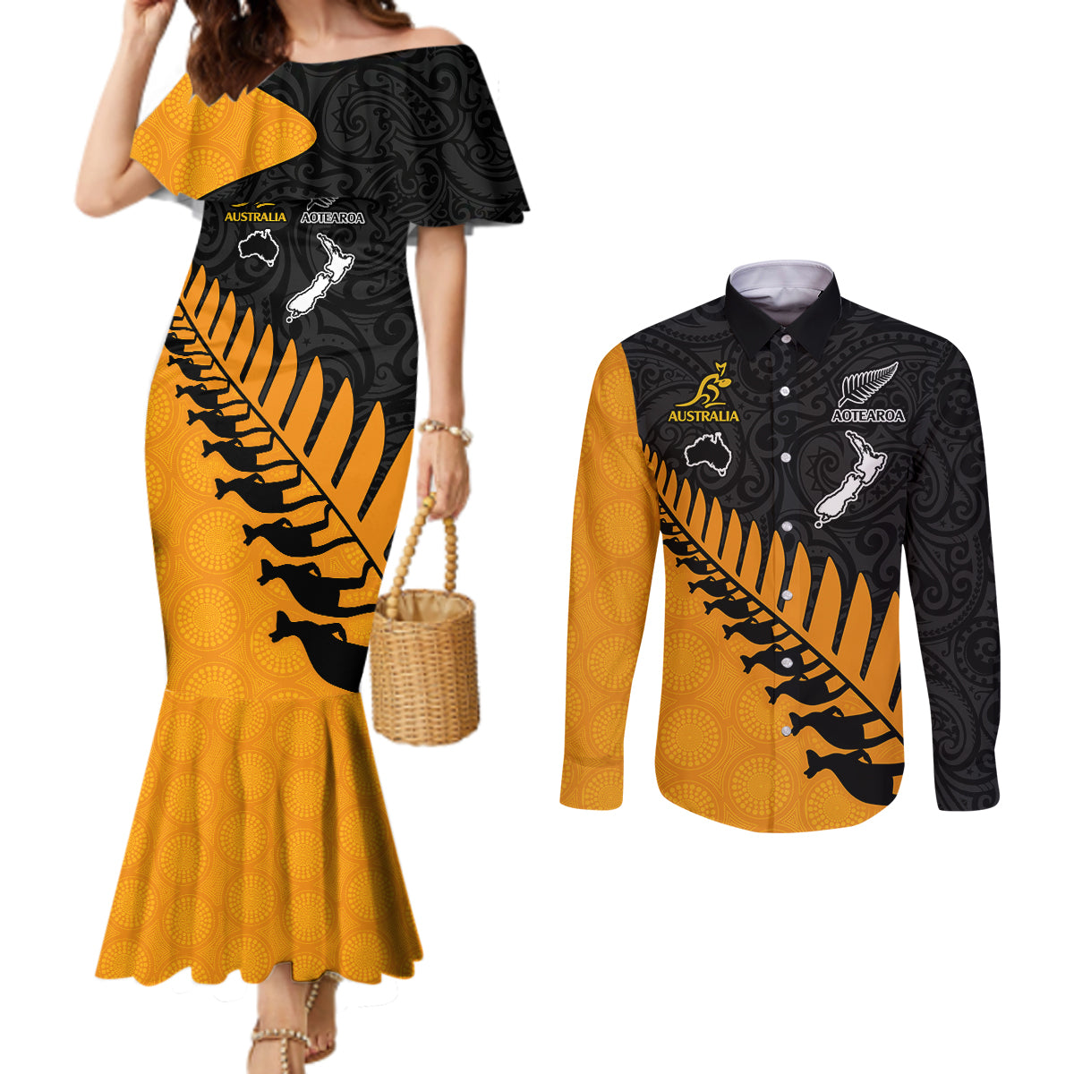 Australia Wallabies and Aotearoa Rugby Couples Matching Mermaid Dress and Long Sleeve Button Shirts Kangaroo Black Fern Maori Gold Vibe LT9 Gold - Polynesian Pride