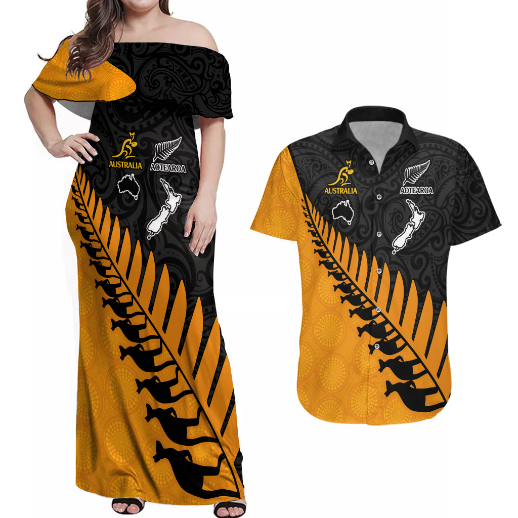 Australia Wallabies and Aotearoa Rugby Couples Matching Off Shoulder Maxi Dress and Hawaiian Shirt Kangaroo Black Fern Maori Gold Vibe LT9 Gold - Polynesian Pride