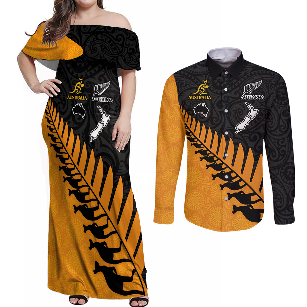 Australia Wallabies and Aotearoa Rugby Couples Matching Off Shoulder Maxi Dress and Long Sleeve Button Shirts Kangaroo Black Fern Maori Gold Vibe LT9 Gold - Polynesian Pride