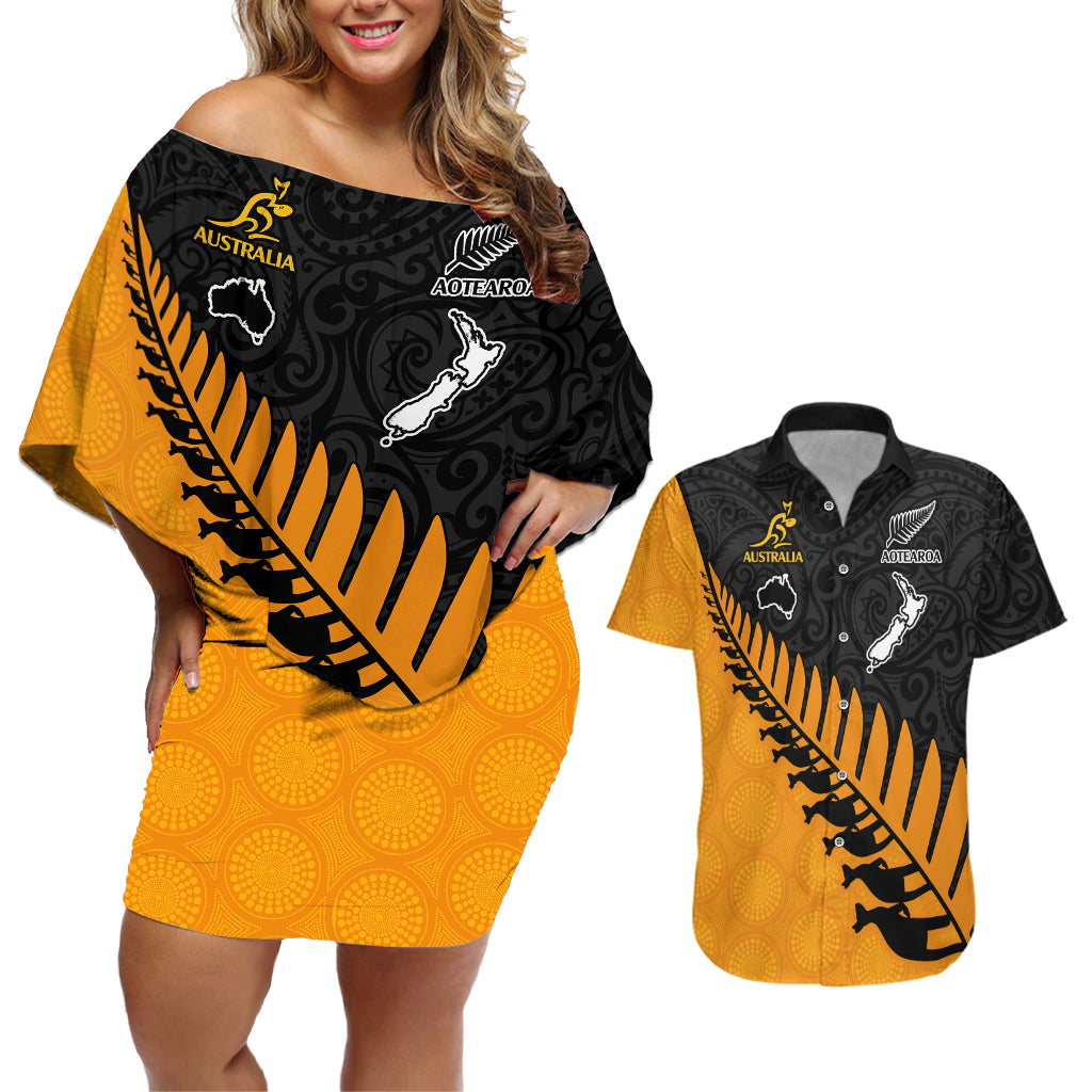 Australia Wallabies and Aotearoa Rugby Couples Matching Off Shoulder Short Dress and Hawaiian Shirt Kangaroo Black Fern Maori Gold Vibe LT9 Gold - Polynesian Pride