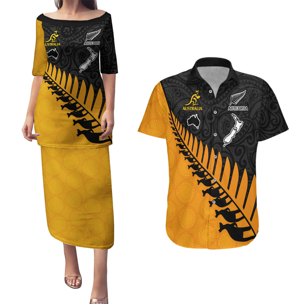 Australia Wallabies and Aotearoa Rugby Couples Matching Puletasi Dress and Hawaiian Shirt Kangaroo Black Fern Maori Gold Vibe LT9 Gold - Polynesian Pride