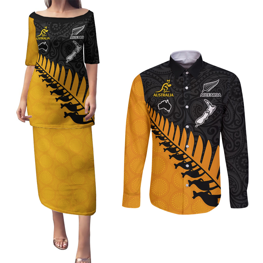 Australia Wallabies and Aotearoa Rugby Couples Matching Puletasi Dress and Long Sleeve Button Shirts Kangaroo Black Fern Maori Gold Vibe LT9 Gold - Polynesian Pride