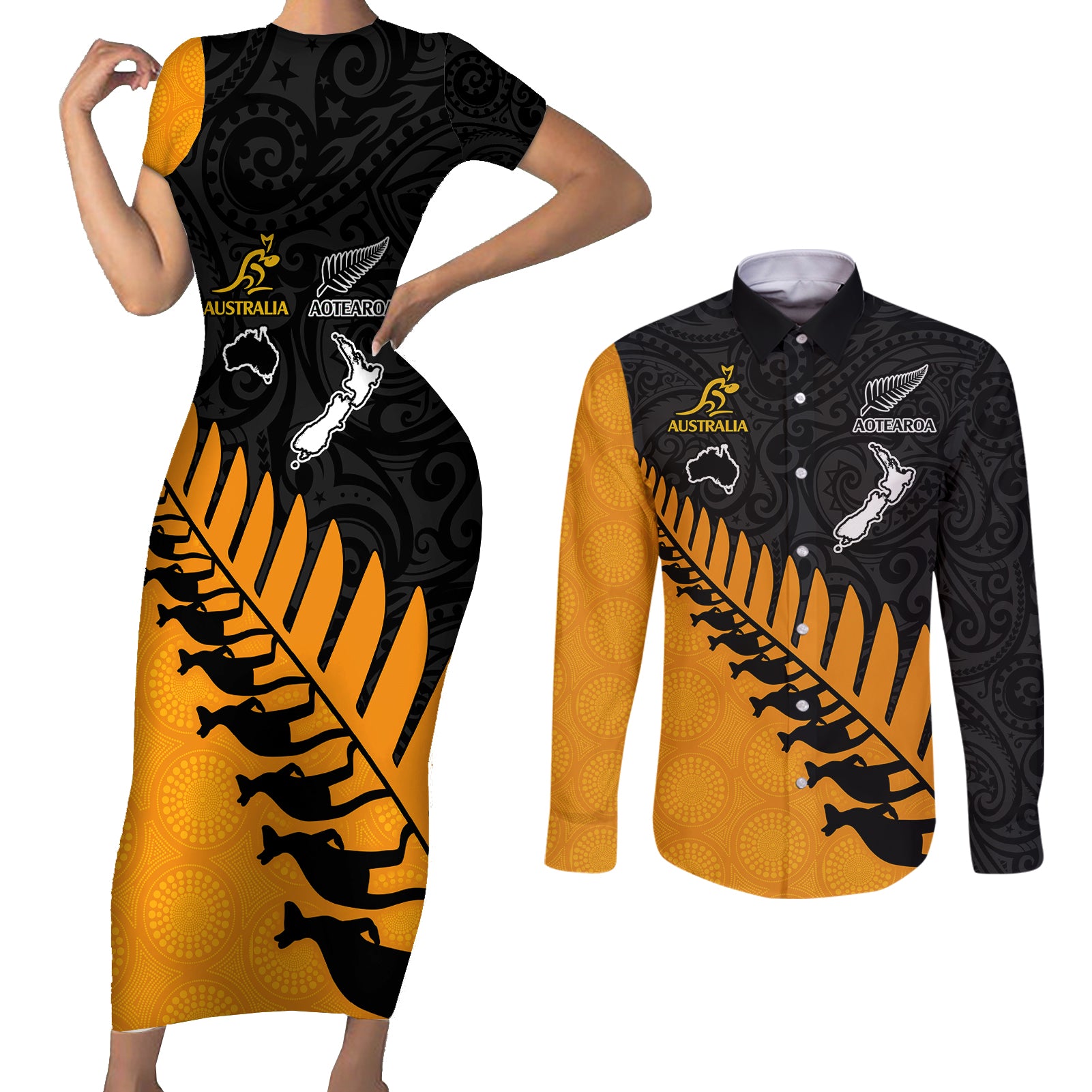 Australia Wallabies and Aotearoa Rugby Couples Matching Short Sleeve Bodycon Dress and Long Sleeve Button Shirts Kangaroo Black Fern Maori Gold Vibe LT9 Gold - Polynesian Pride