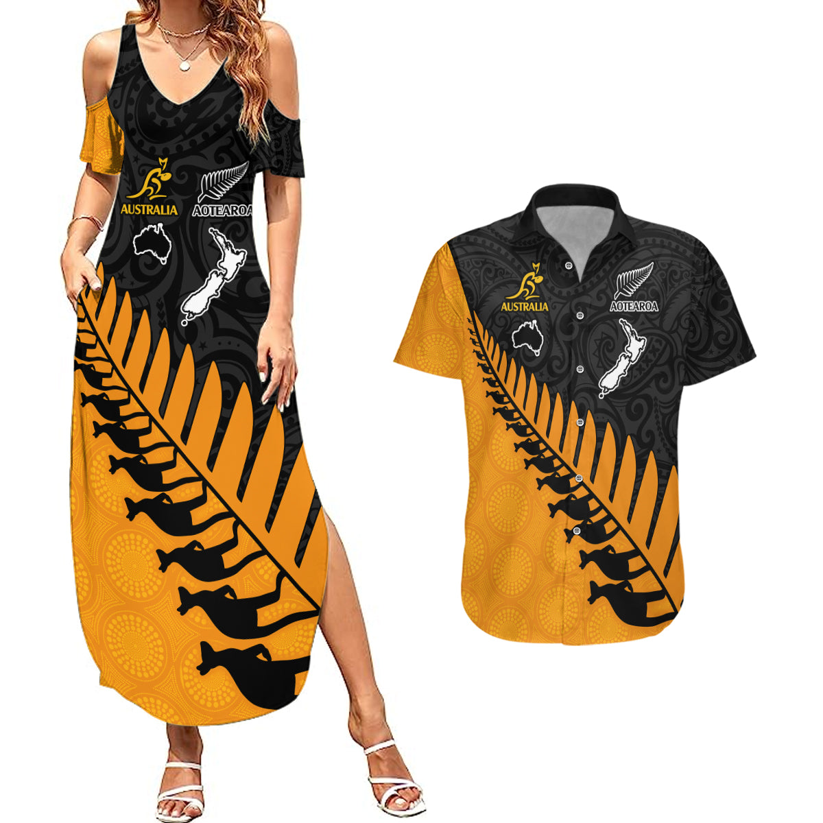 Australia Wallabies and Aotearoa Rugby Couples Matching Summer Maxi Dress and Hawaiian Shirt Kangaroo Black Fern Maori Gold Vibe LT9 Gold - Polynesian Pride