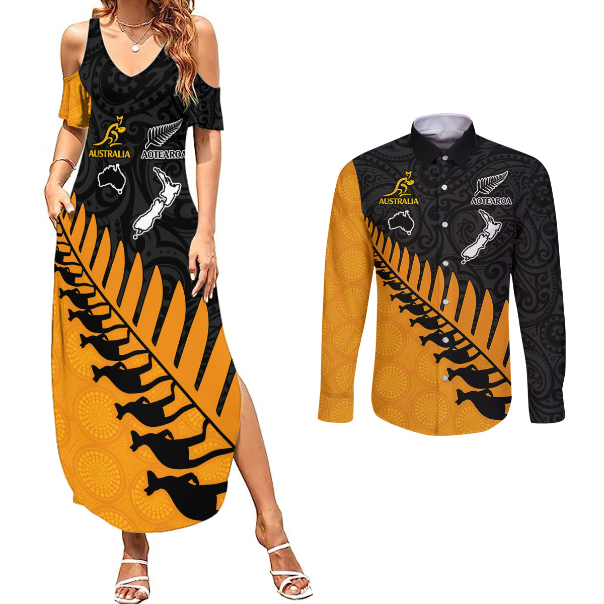 Australia Wallabies and Aotearoa Rugby Couples Matching Summer Maxi Dress and Long Sleeve Button Shirts Kangaroo Black Fern Maori Gold Vibe LT9 Gold - Polynesian Pride