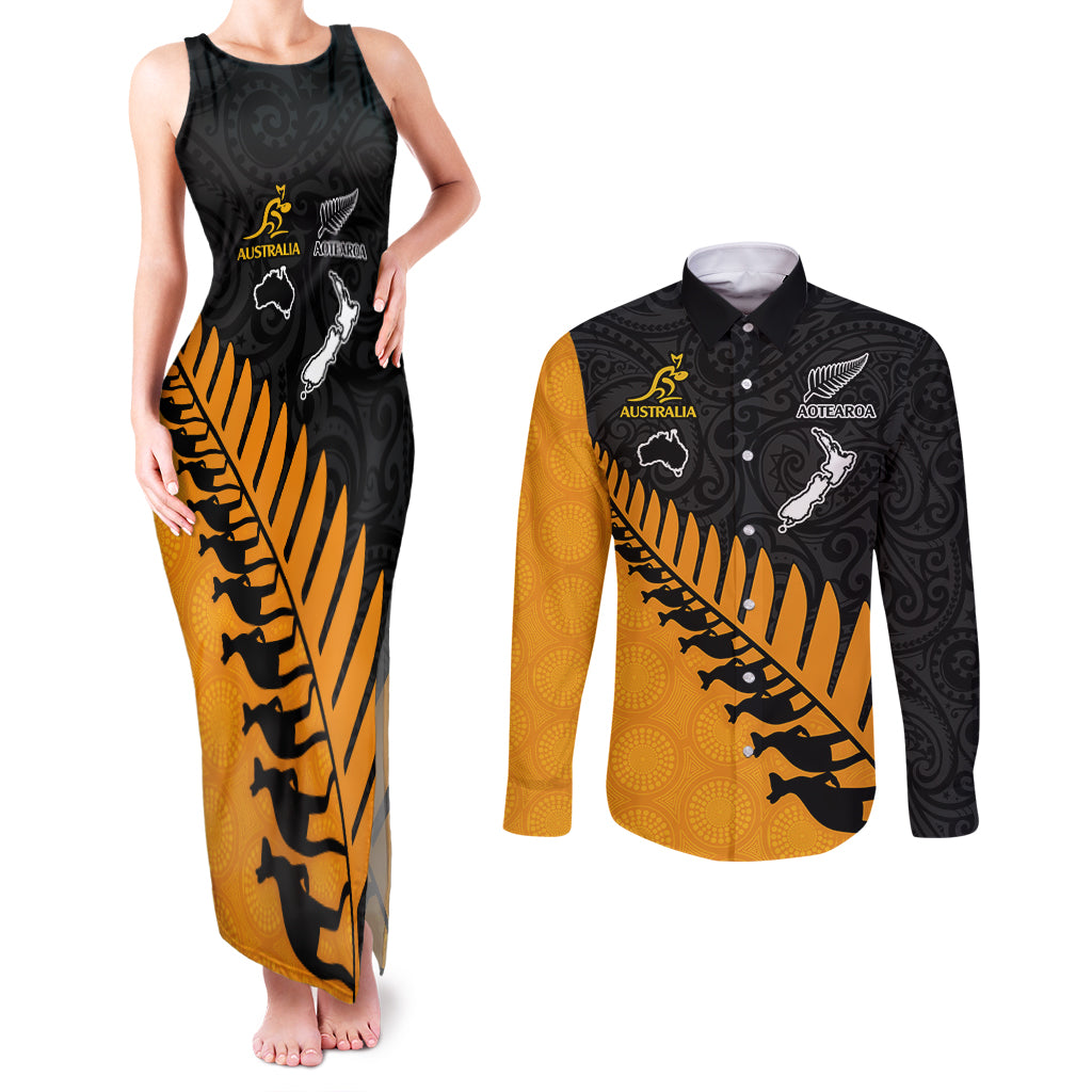 Australia Wallabies and Aotearoa Rugby Couples Matching Tank Maxi Dress and Long Sleeve Button Shirts Kangaroo Black Fern Maori Gold Vibe LT9 Gold - Polynesian Pride