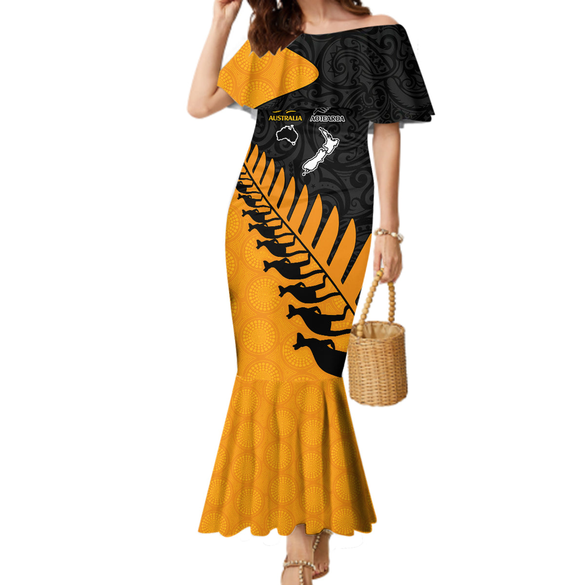 Australia Wallabies and Aotearoa Rugby Mermaid Dress Kangaroo Black Fern Maori Gold Vibe LT9 Women Gold - Polynesian Pride