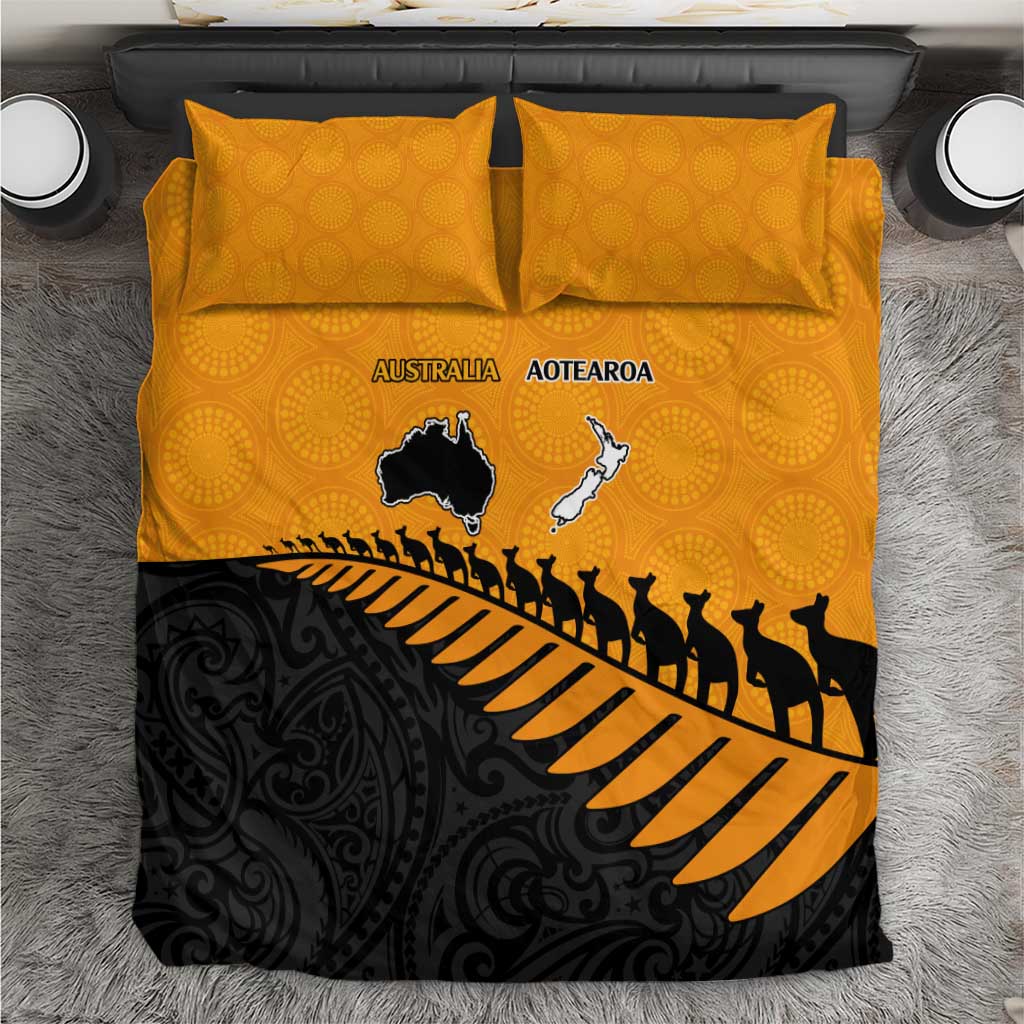 Australia New Zealand Rugby Bedding Set Gold Aboriginal Wallabies and Maori Black Fern LT9 Gold - Polynesian Pride