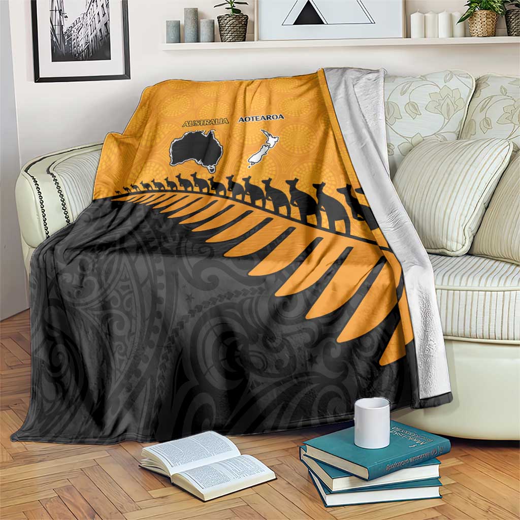 Australia New Zealand Rugby Blanket Gold Aboriginal Wallabies and Maori Black Fern LT9 Gold - Polynesian Pride