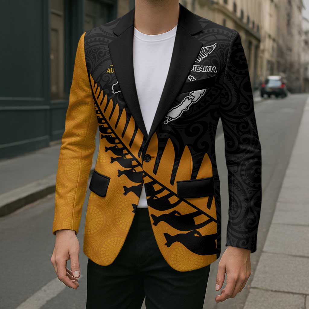 Australia New Zealand Rugby Custom Blazer Gold Aboriginal Wallabies and Maori Black Fern LT9 - Polynesian Pride