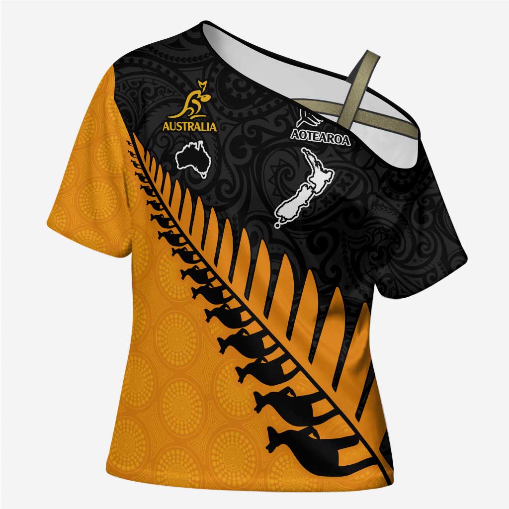 Australia New Zealand Rugby Custom Cross Shoulder Shirt Gold Aboriginal Wallabies and Maori Black Fern LT9 Female Gold - Polynesian Pride