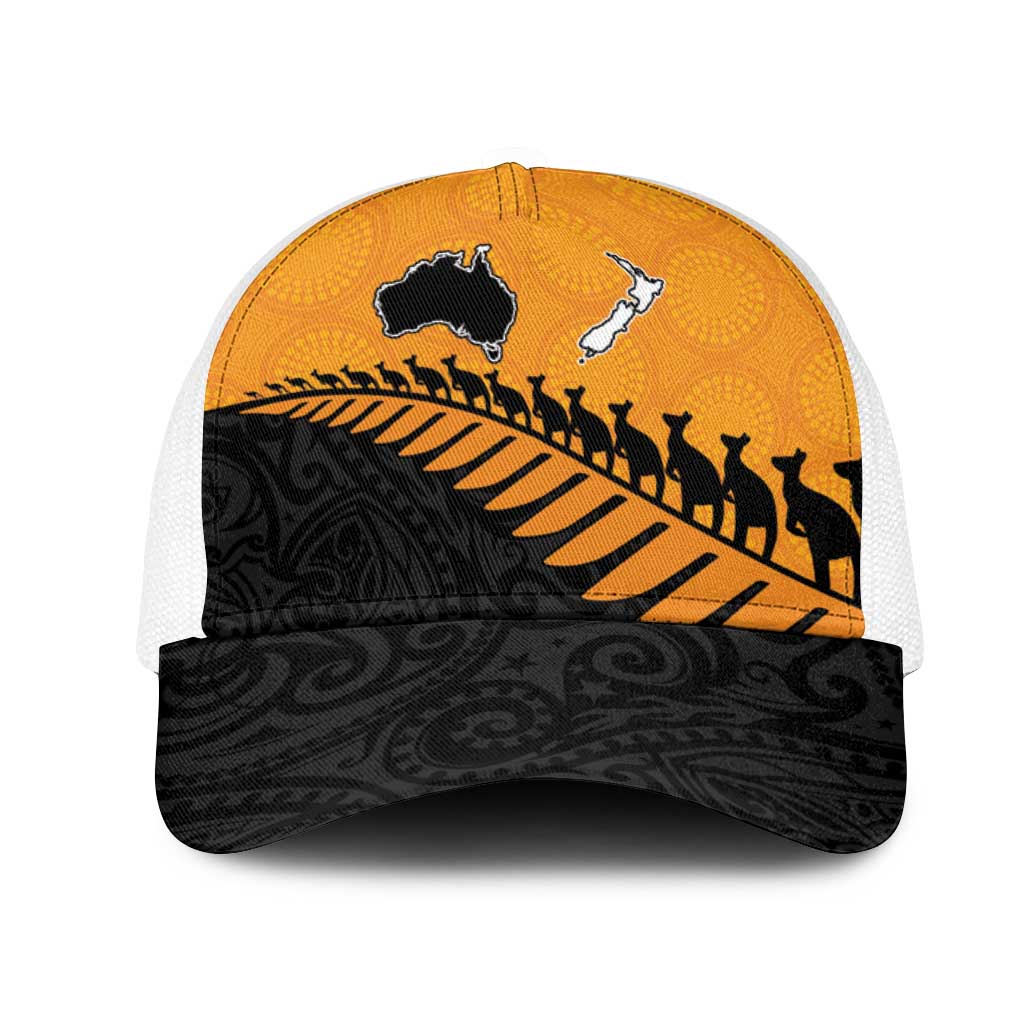 Australia New Zealand Rugby Mesh Trucker Cap Gold Aboriginal Wallabies and Maori Black Fern LT9 One Size White Gold - Polynesian Pride