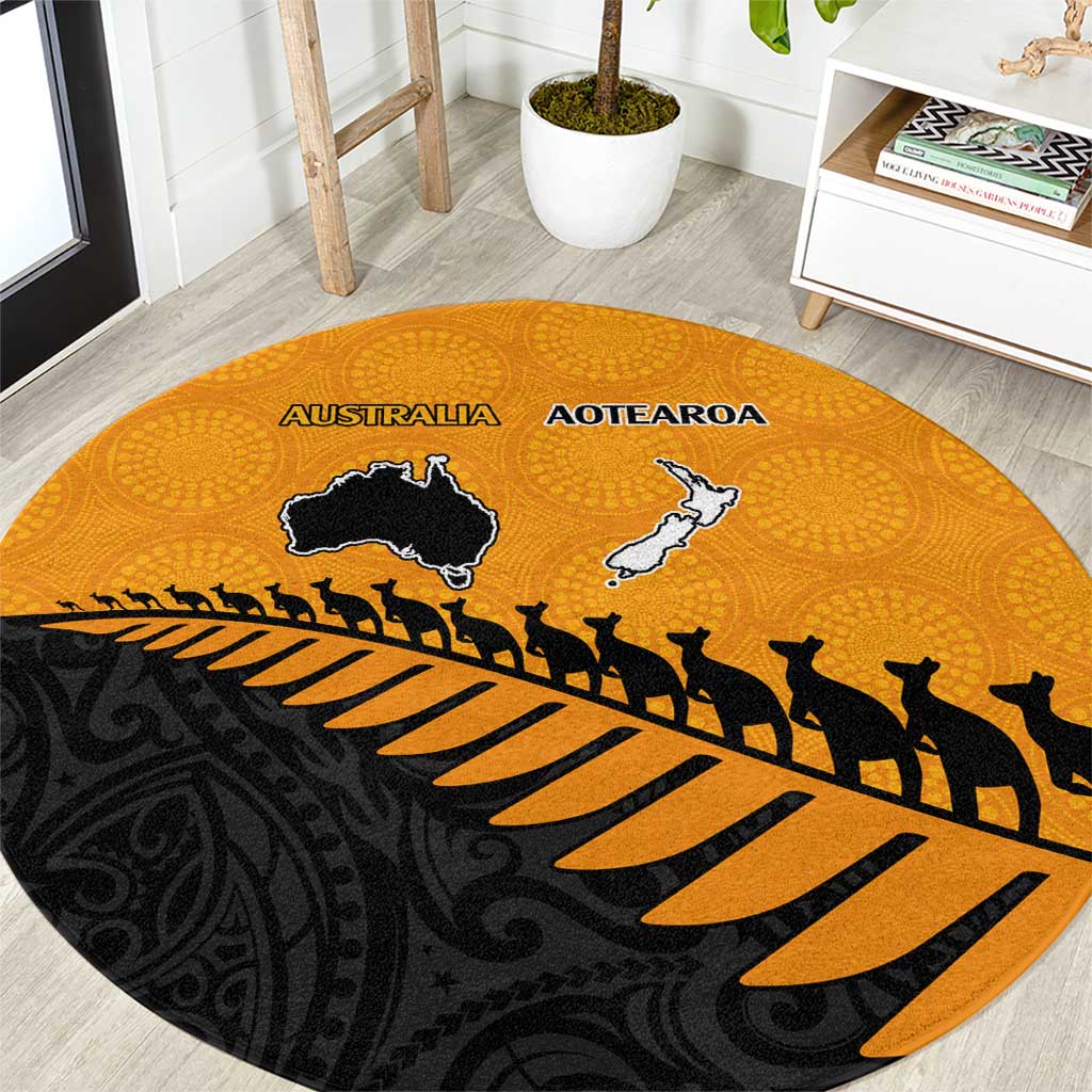 Australia New Zealand Rugby Round Carpet Gold Aboriginal Wallabies and Maori Black Fern LT9 Gold - Polynesian Pride