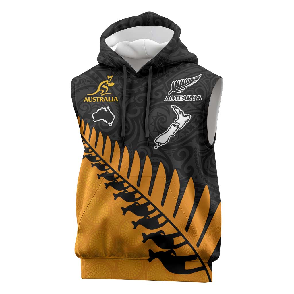 Australia New Zealand Rugby Custom Sleeveless Hoodie Gold Aboriginal Wallabies and Maori Black Fern LT9 Gold - Polynesian Pride