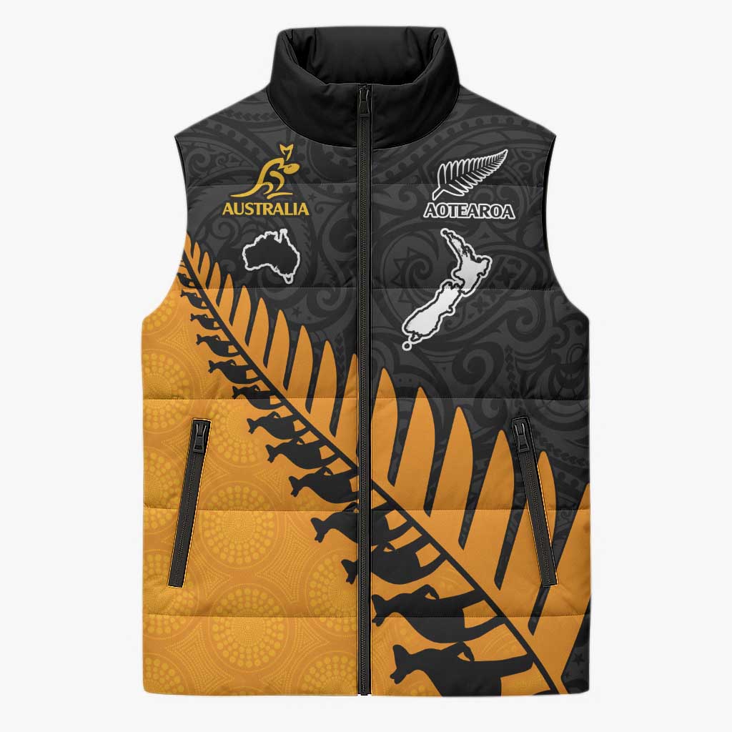 Australia New Zealand Rugby Custom Sleeveless Puffer Jacket Gold Aboriginal Wallabies and Maori Black Fern LT9 Unisex Gold - Polynesian Pride