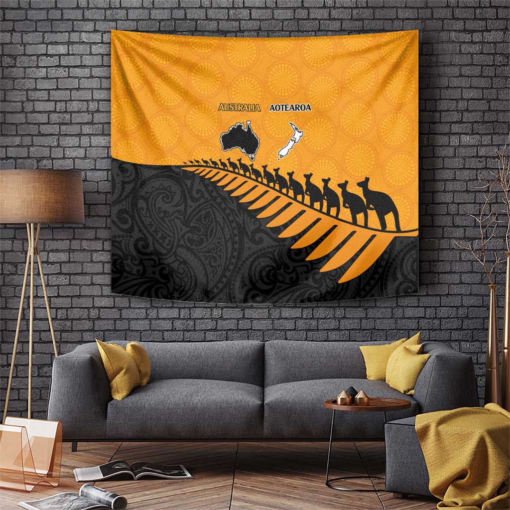 Australia New Zealand Rugby Tapestry Gold Aboriginal Wallabies and Maori Black Fern LT9 Gold - Polynesian Pride