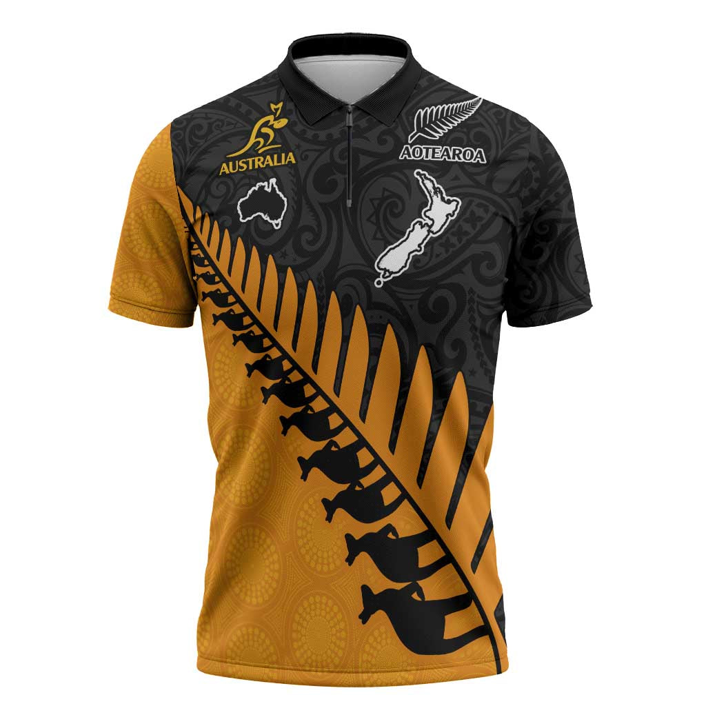 Australia New Zealand Rugby Custom Zipper Polo Shirt Gold Aboriginal Wallabies and Maori Black Fern LT9 Gold - Polynesian Pride