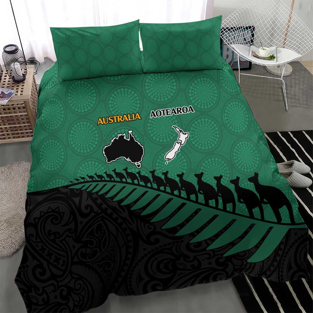 Australia New Zealand Rugby Bedding Set Green Aboriginal Wallabies and Maori Black Fern LT9 - Polynesian Pride