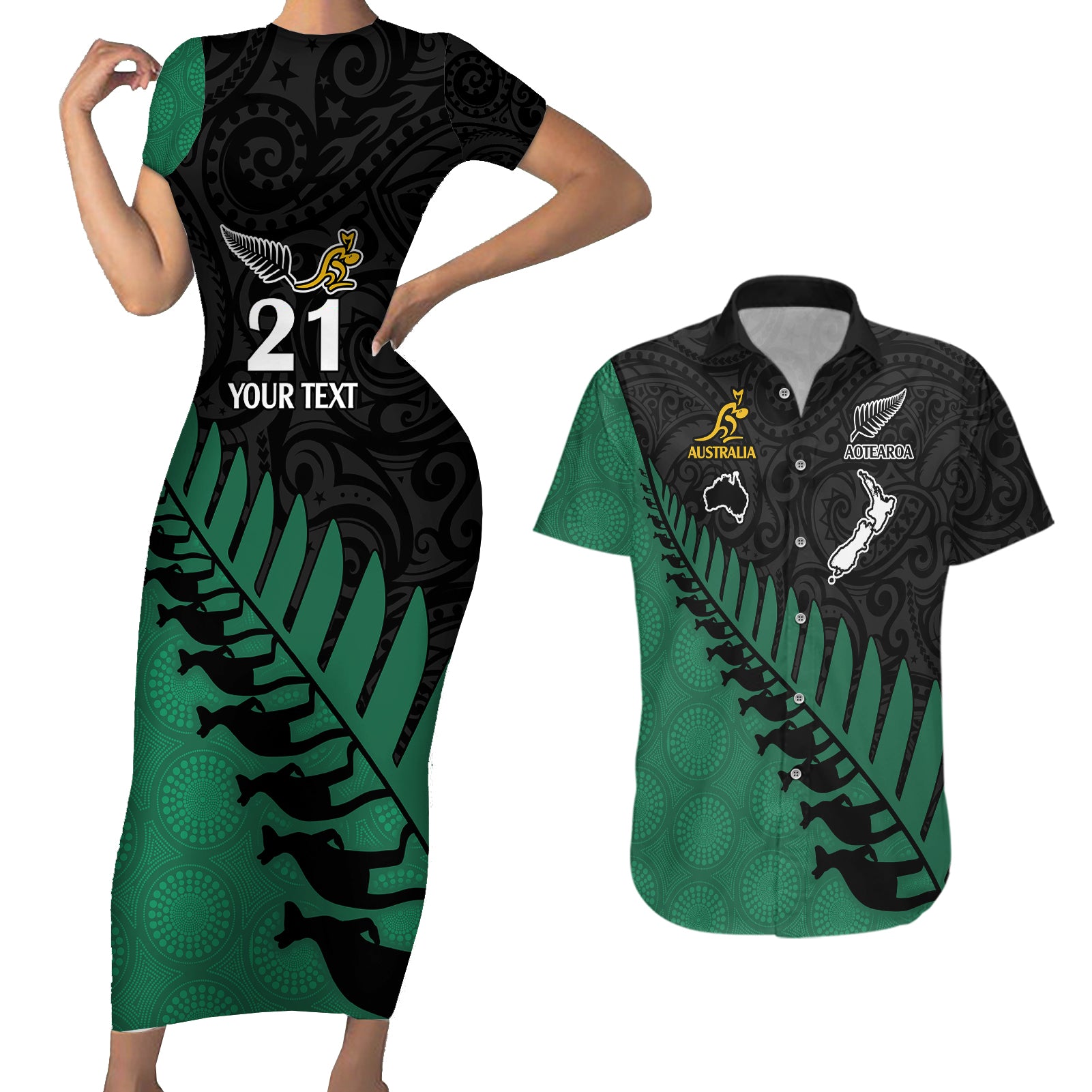 Custom Australia Wallabies and Aotearoa Rugby Couples Matching Short Sleeve Bodycon Dress and Hawaiian Shirt Kangaroo Black Fern Maori Green Vibe LT9 Green - Polynesian Pride