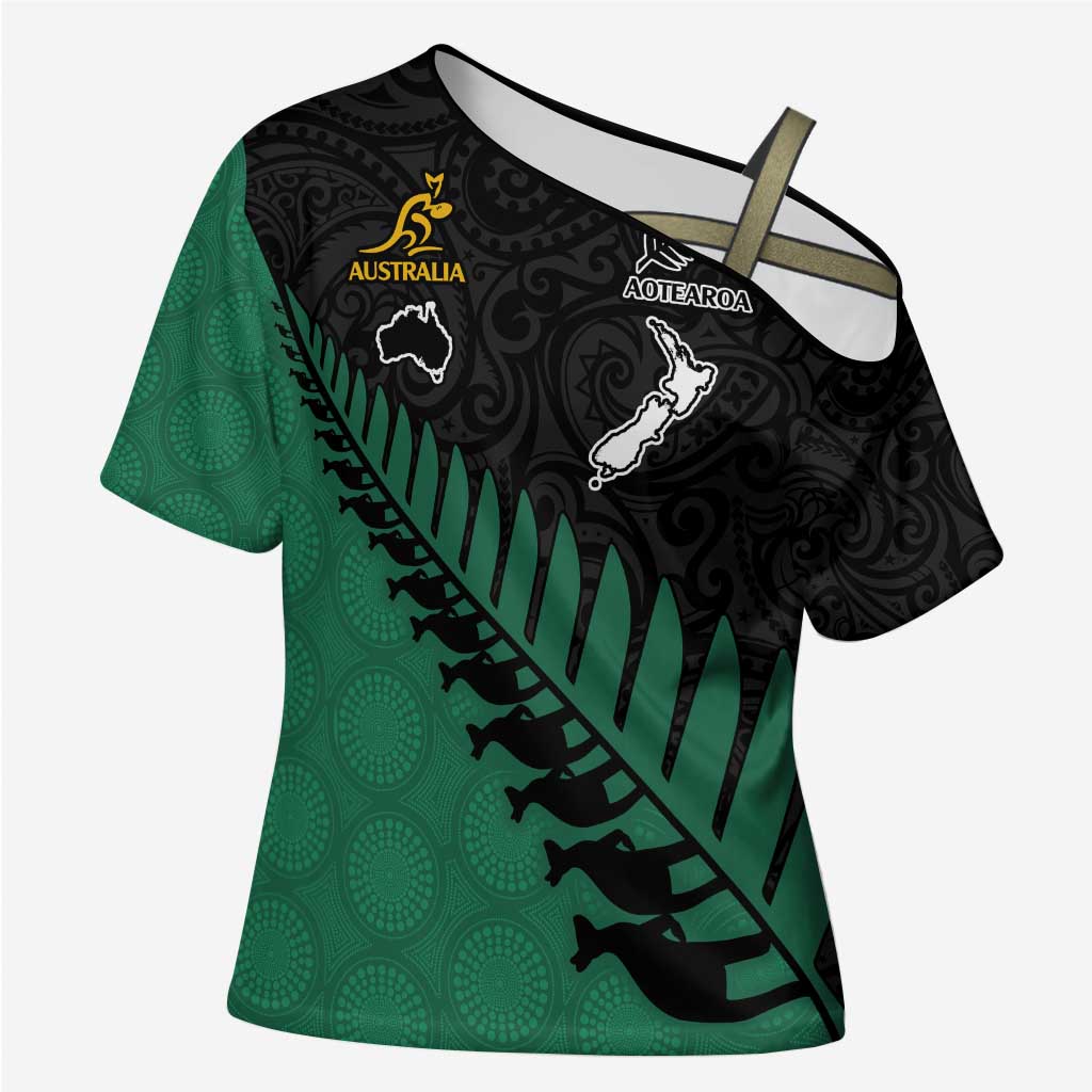 Australia New Zealand Rugby Custom Cross Shoulder Shirt Green Aboriginal Wallabies and Maori Black Fern LT9 Female Green - Polynesian Pride