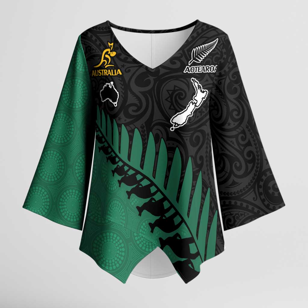 Australia New Zealand Rugby Custom Kimono Sleeve Blouse Green Aboriginal Wallabies and Maori Black Fern LT9 Female Green - Polynesian Pride