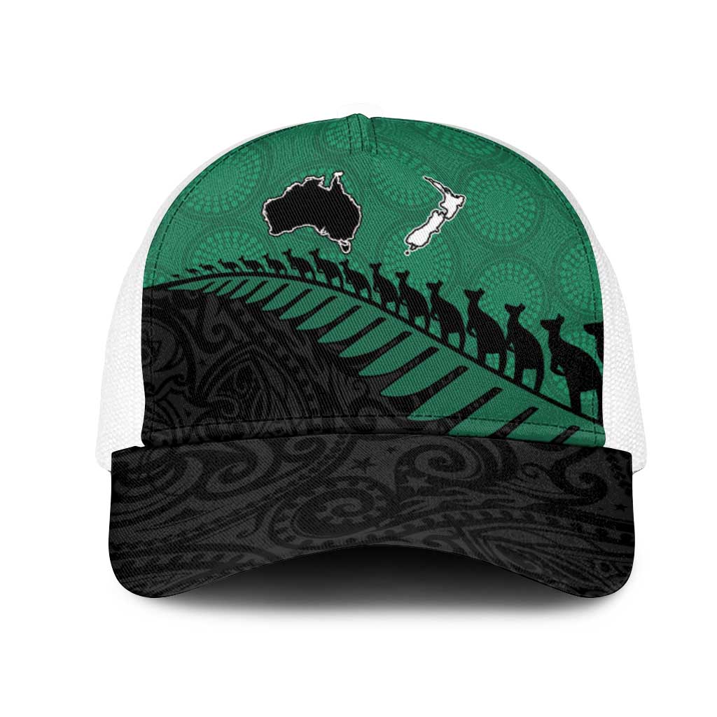 Australia New Zealand Rugby Mesh Trucker Cap Green Aboriginal Wallabies and Maori Black Fern LT9 One Size White Green - Polynesian Pride