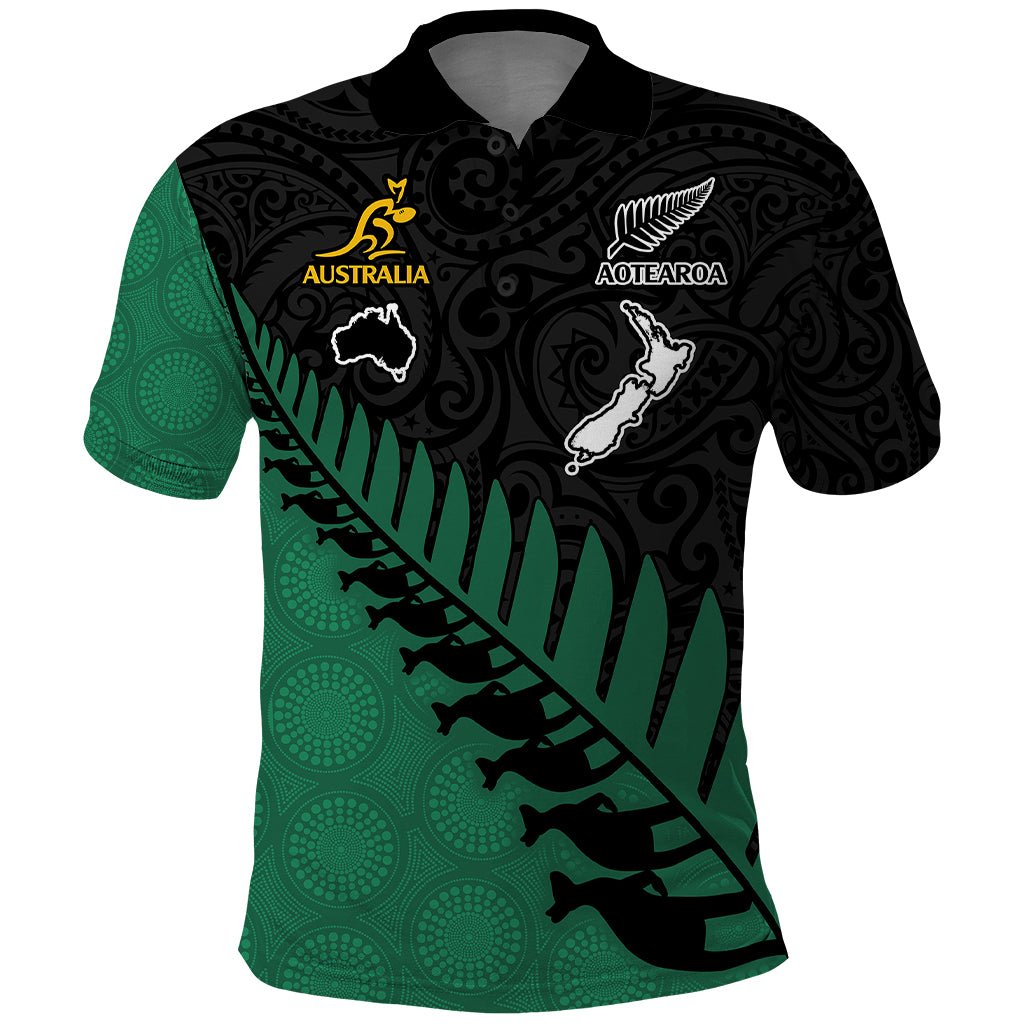 Custom Australia Wallabies and Aotearoa Rugby Polo Shirt Kangaroo Black Fern Maori Green Vibe LT9 Green - Polynesian Pride