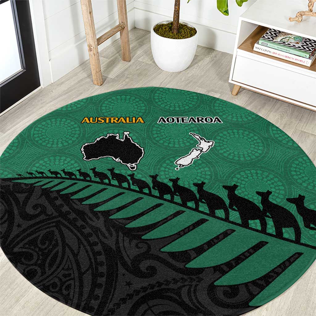 Australia New Zealand Rugby Round Carpet Green Aboriginal Wallabies and Maori Black Fern LT9 Green - Polynesian Pride