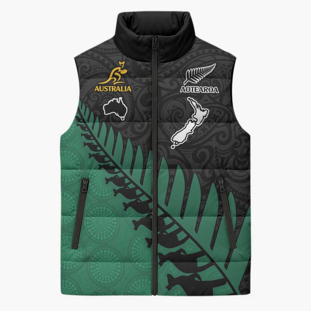 Australia New Zealand Rugby Custom Sleeveless Puffer Jacket Green Aboriginal Wallabies and Maori Black Fern LT9 Unisex Green - Polynesian Pride