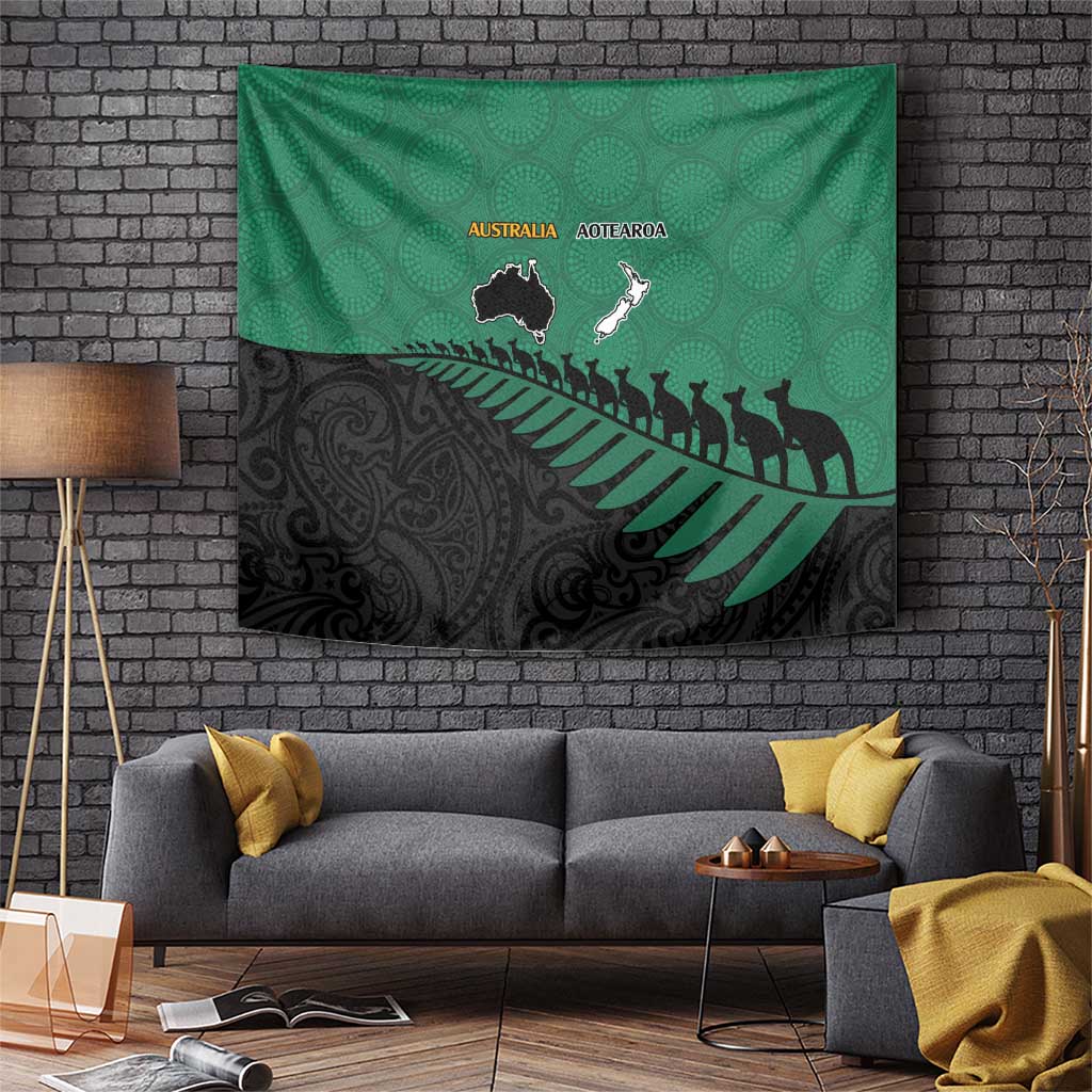 Australia New Zealand Rugby Tapestry Green Aboriginal Wallabies and Maori Black Fern LT9 Green - Polynesian Pride