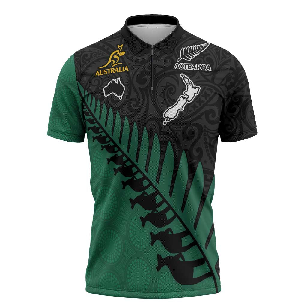 Australia New Zealand Rugby Custom Zipper Polo Shirt Green Aboriginal Wallabies and Maori Black Fern LT9 Green - Polynesian Pride