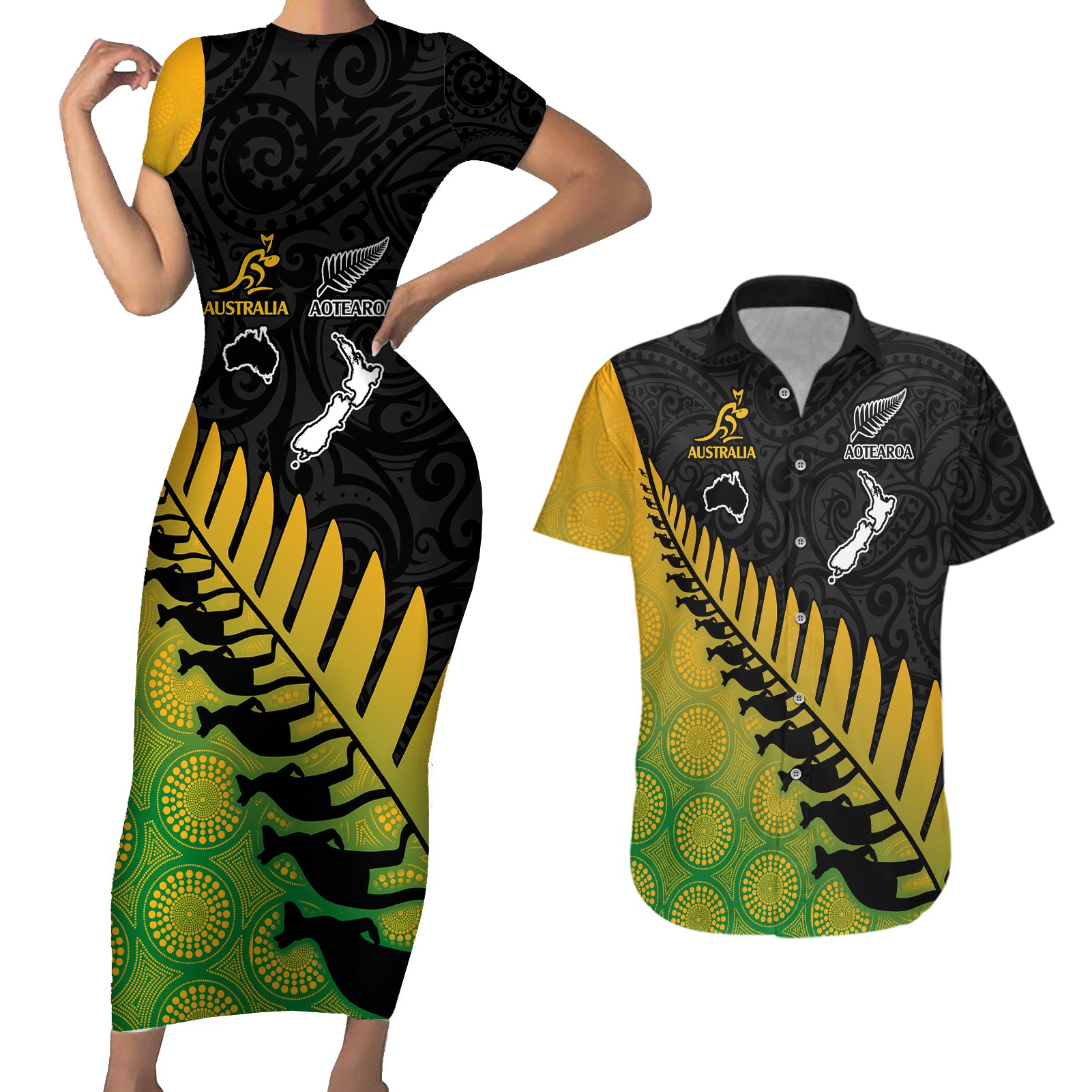 Australia Wallabies and Aotearoa Rugby Couples Matching Short Sleeve Bodycon Dress and Hawaiian Shirt Kangaroo Black Fern Maori Gradient Vibe LT9 Gradient - Polynesian Pride