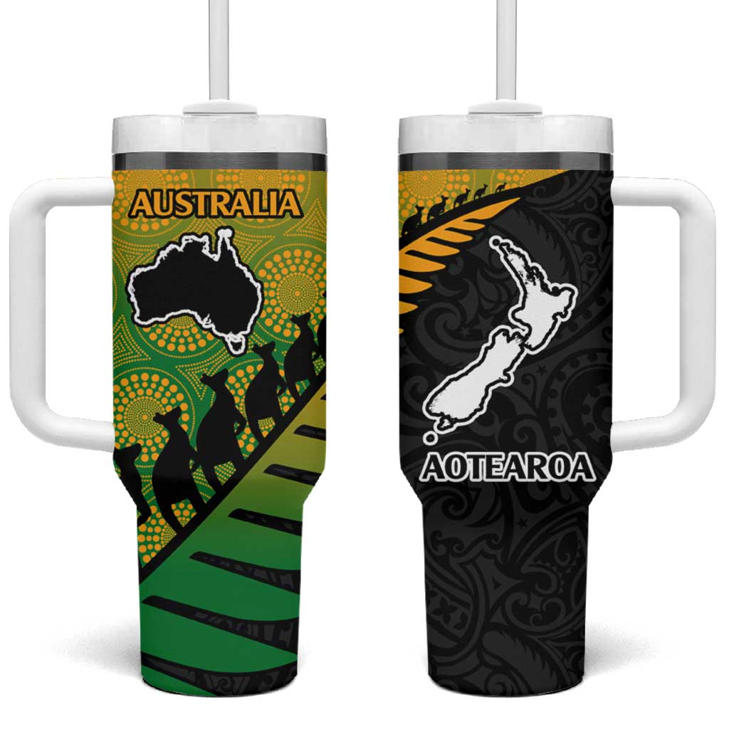 Australia New Zealand Rugby Tumbler With Handle Aboriginal Wallabies and Maori Black Fern Gradient Vibe