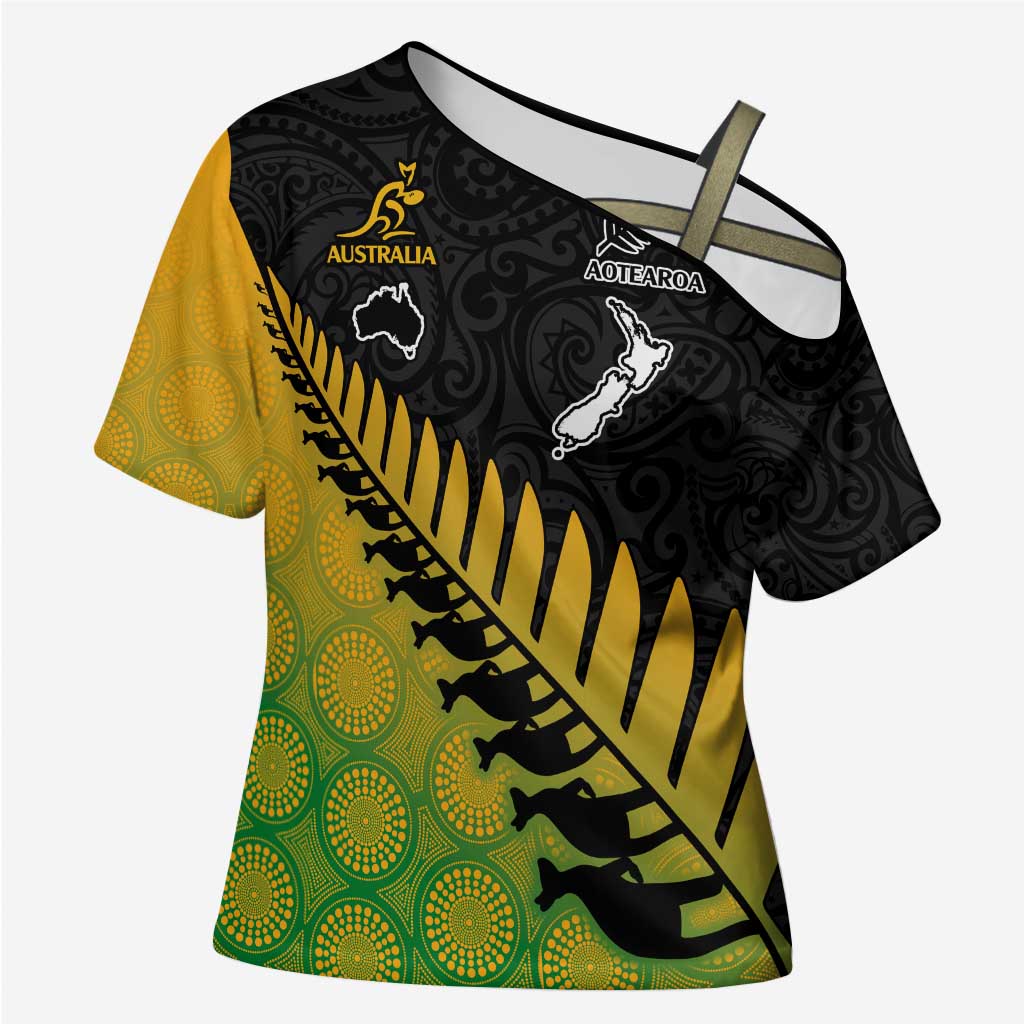 Australia New Zealand Rugby Custom Cross Shoulder Shirt Gradient Aboriginal Wallabies and Maori Black Fern LT9 Female Gradient - Polynesian Pride