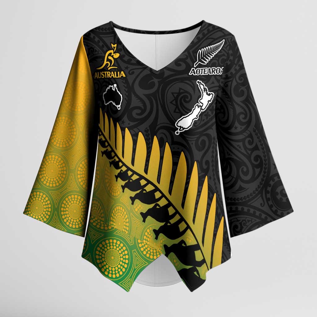 Australia New Zealand Rugby Custom Kimono Sleeve Blouse Gradient Aboriginal Wallabies and Maori Black Fern LT9 Female Gradient - Polynesian Pride