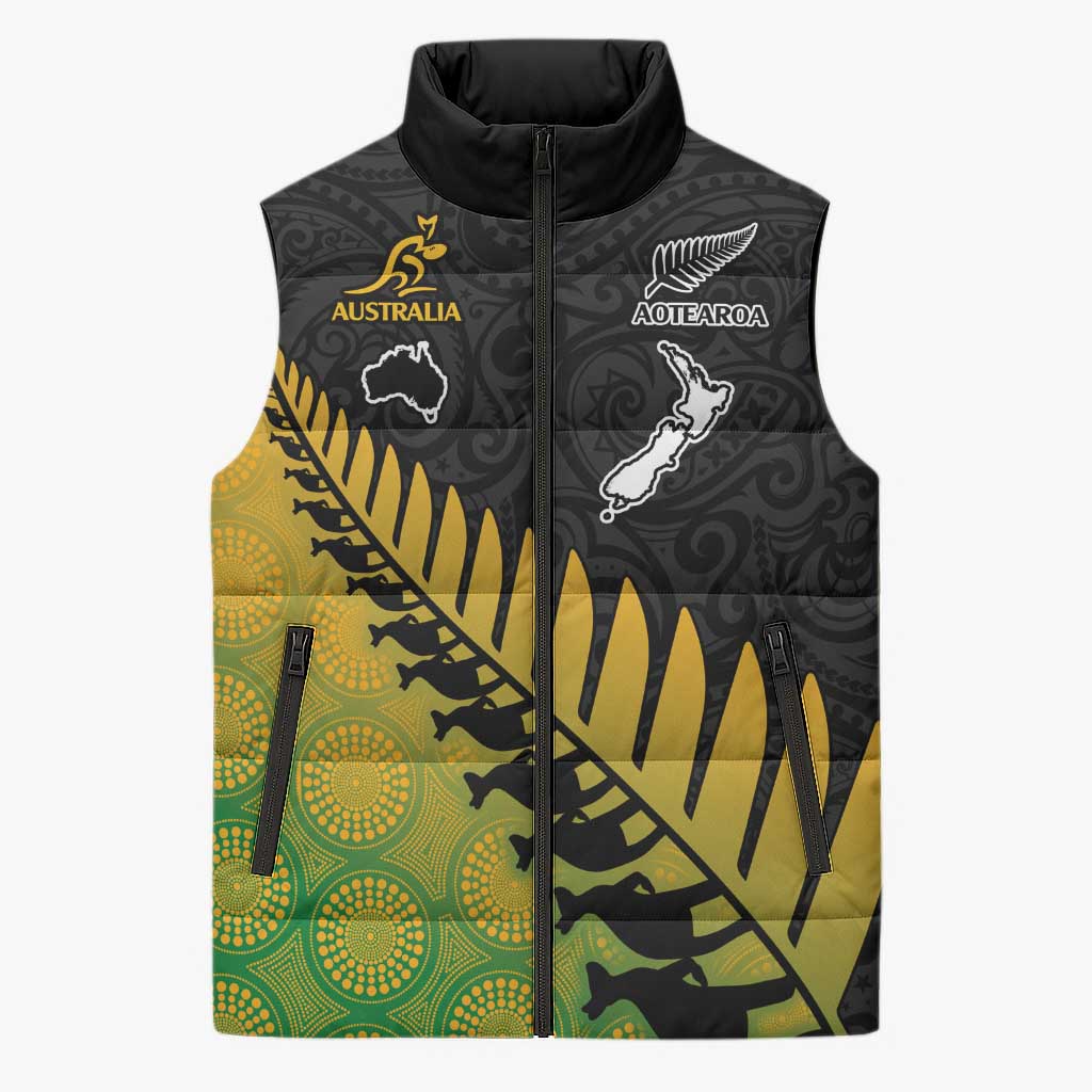 Australia New Zealand Rugby Custom Sleeveless Puffer Jacket Gradient Aboriginal Wallabies and Maori Black Fern LT9 Unisex Gradient - Polynesian Pride