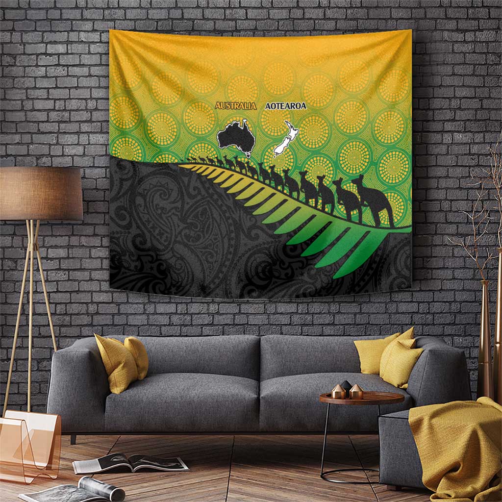 Australia New Zealand Rugby Tapestry Gradient Aboriginal Wallabies and Maori Black Fern LT9 Gradient - Polynesian Pride