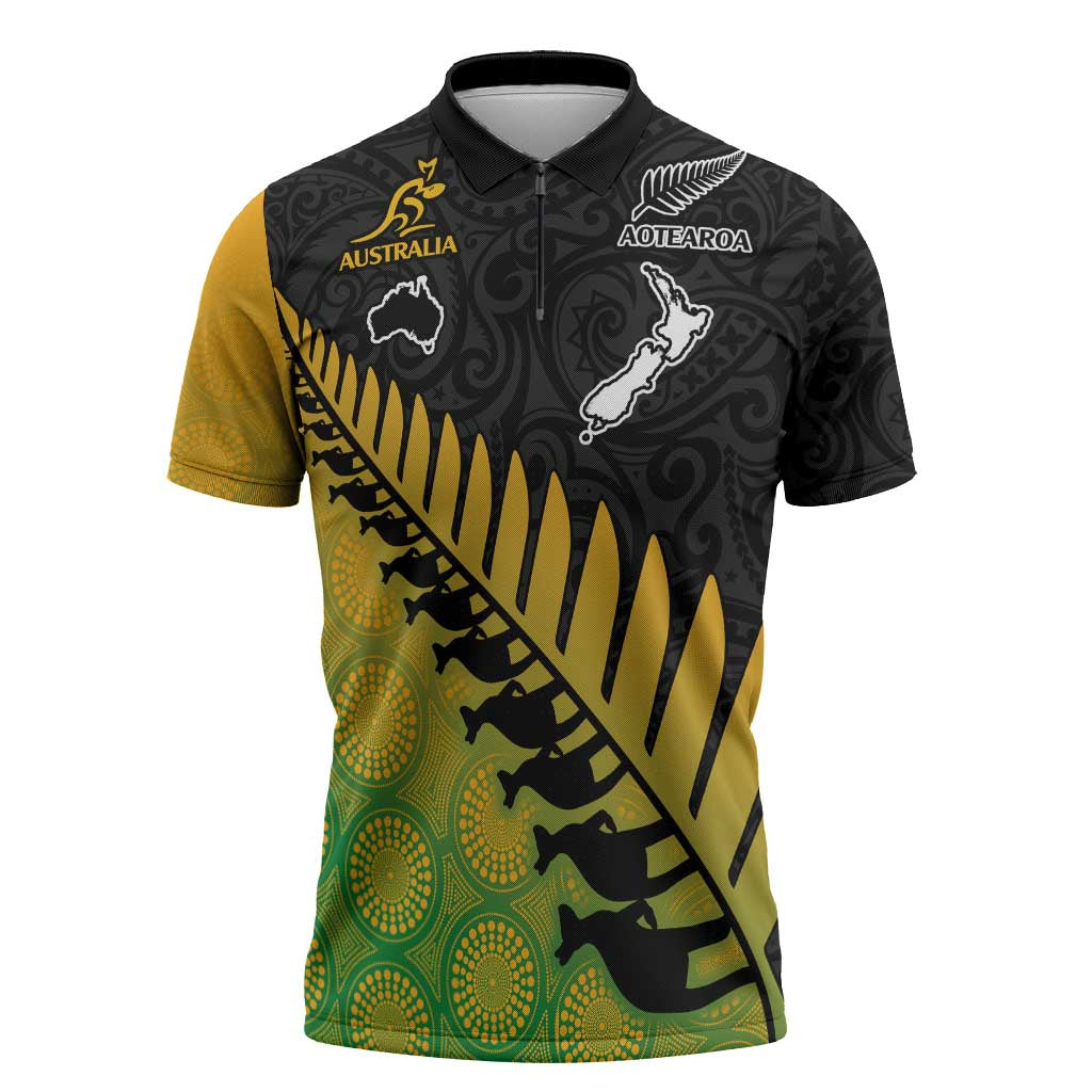 Australia New Zealand Rugby Custom Zipper Polo Shirt Gradient Aboriginal Wallabies and Maori Black Fern LT9 Gradient - Polynesian Pride