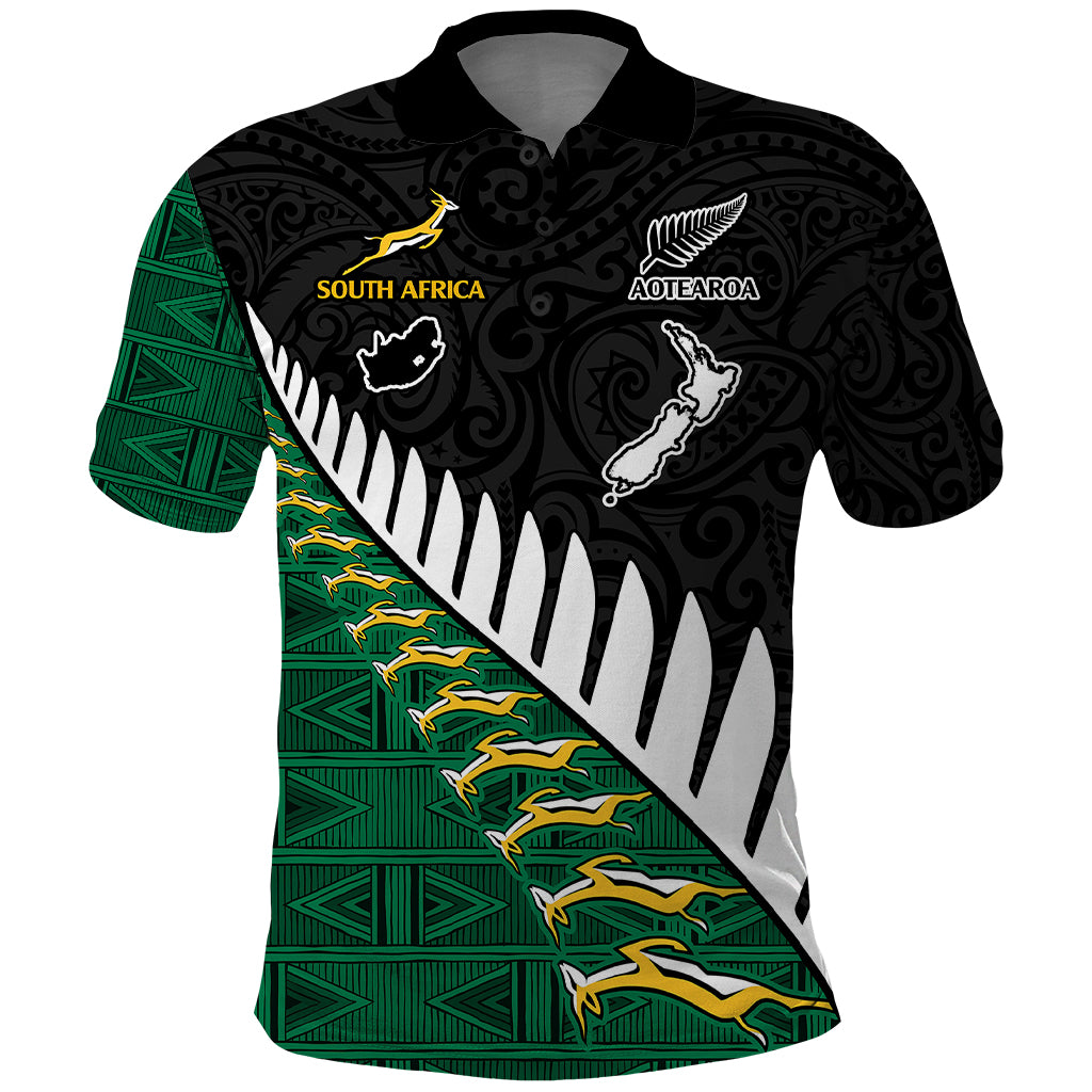 Custom South Africa and Aotearoa Rugby Polo Shirt - Springboks Black Fern Maori Vibe LT9 Black - Polynesian Pride