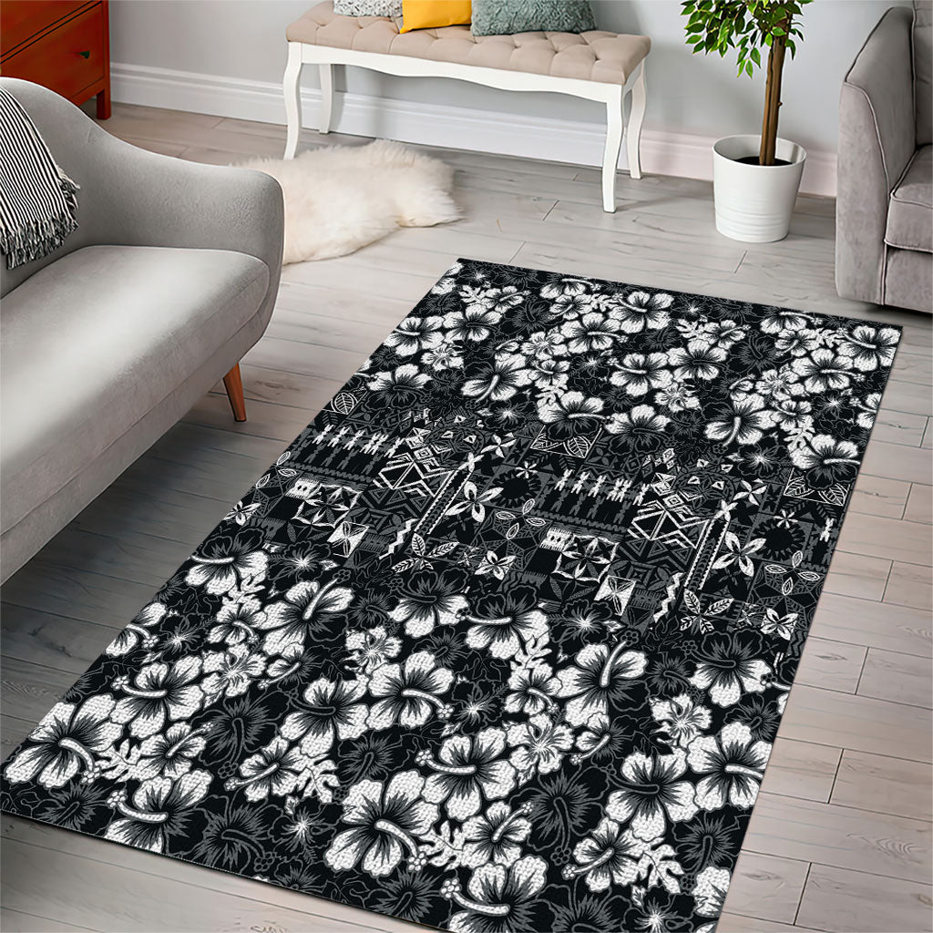 Black Hawaiian Tapa Tribal Hibiscus Area Rug LT9 - Polynesian Pride