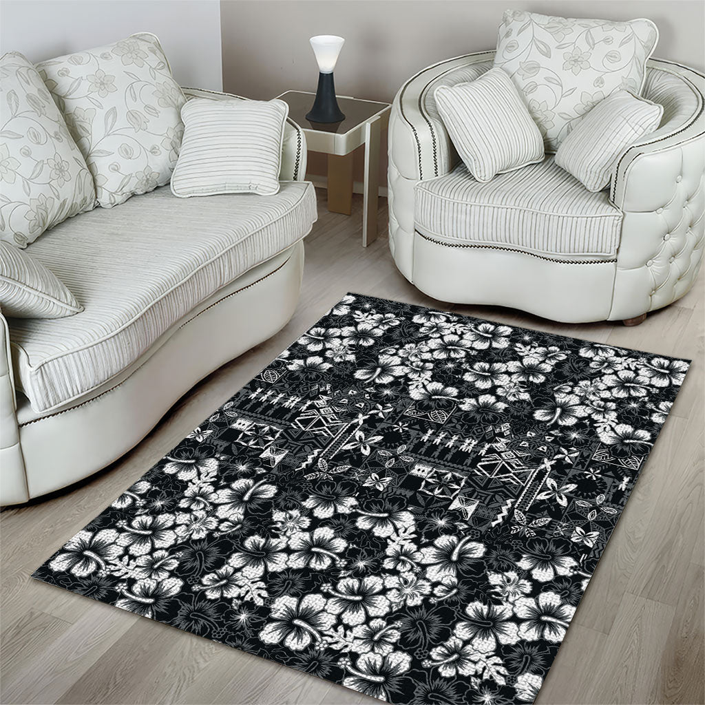 Black Hawaiian Tapa Tribal Hibiscus Area Rug LT9 - Polynesian Pride