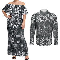 Black Hawaiian Tapa Tribal Hibiscus Couples Matching Off Shoulder Maxi Dress and Long Sleeve Button Shirt LT9 Black - Polynesian Pride