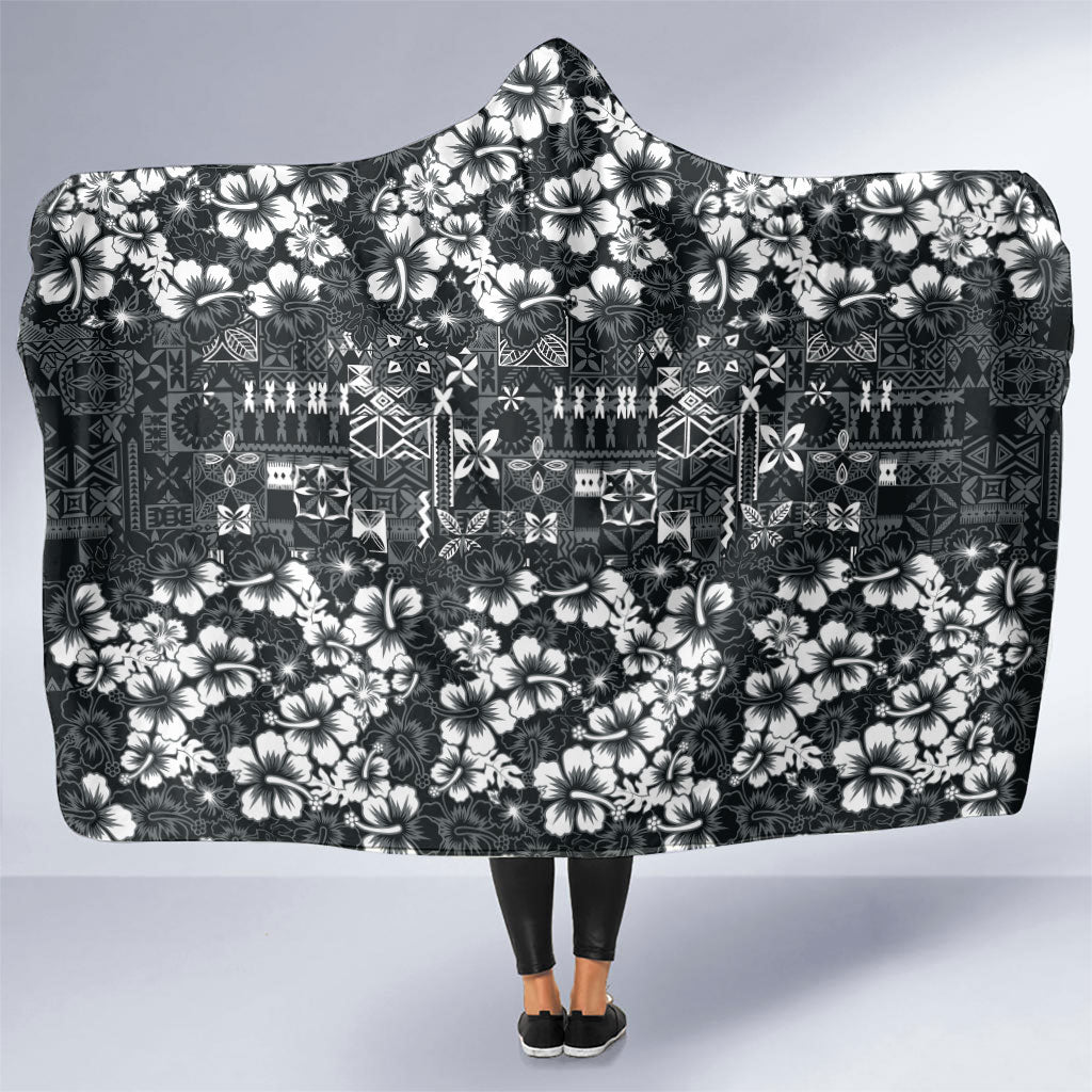 Black Hawaiian Tapa Tribal Hibiscus Hooded Blanket LT9 One Size Black - Polynesian Pride