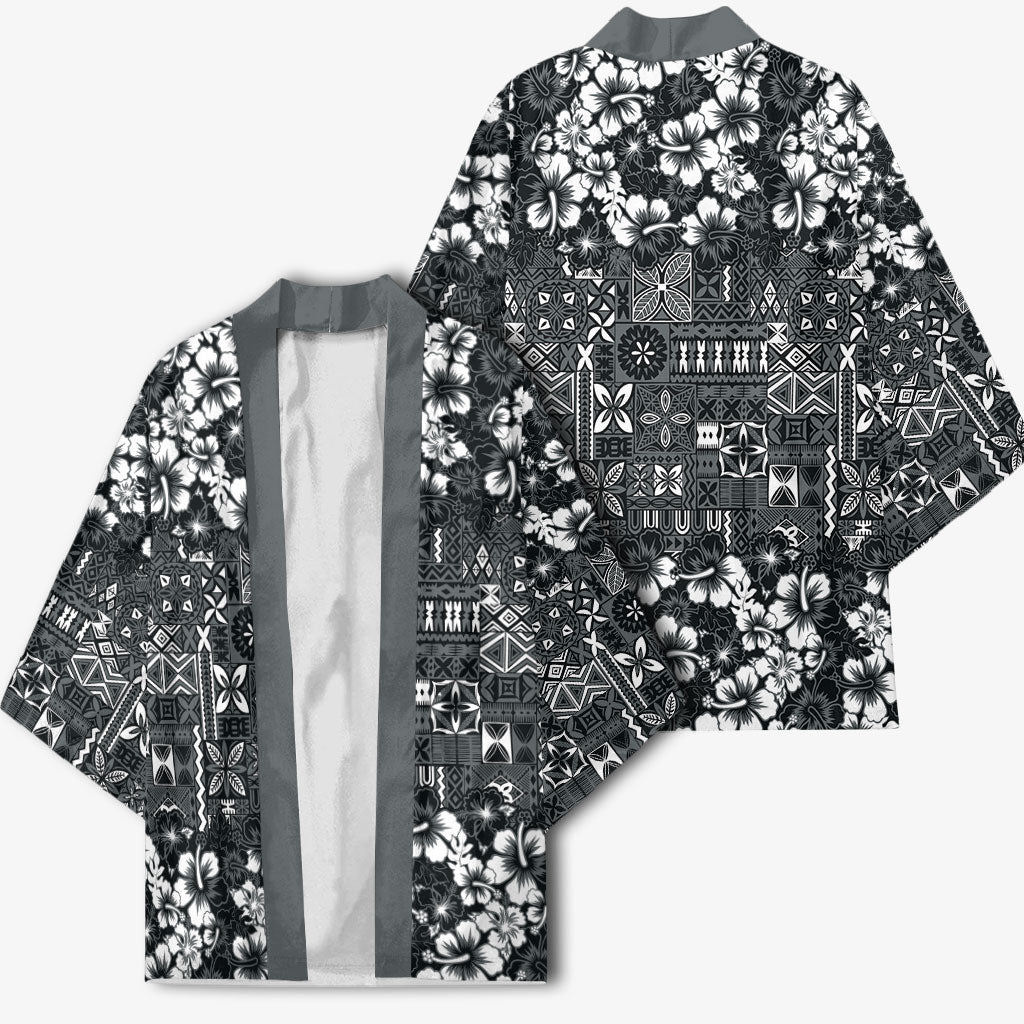 Black Hawaiian Tapa Tribal Hibiscus Kimono LT9 - Polynesian Pride
